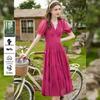Elegant V-Neck Ruffle Trim Puff Sleeve A-Line Maxi Dress