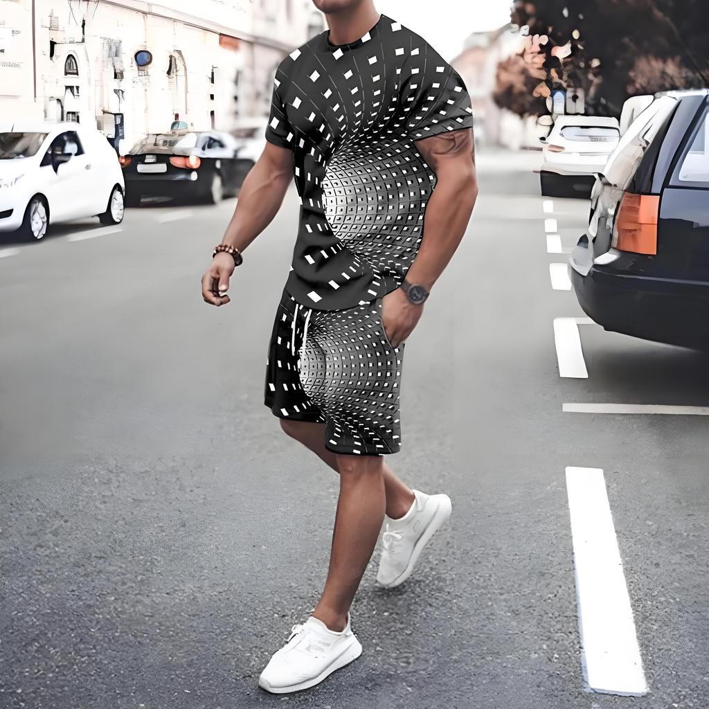 Irregular Graphic Print Short Sleeve Top Drawstring Shorts 2-piece Set 2026 Plus Size Loose Men's T-shirt Clothing Pocket Shorts