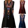 Plus Size Bohemian Dress Sexy V Neck Three Quarter Sleeves Loose Hem with Pockets Retro A Line Ethnic Print