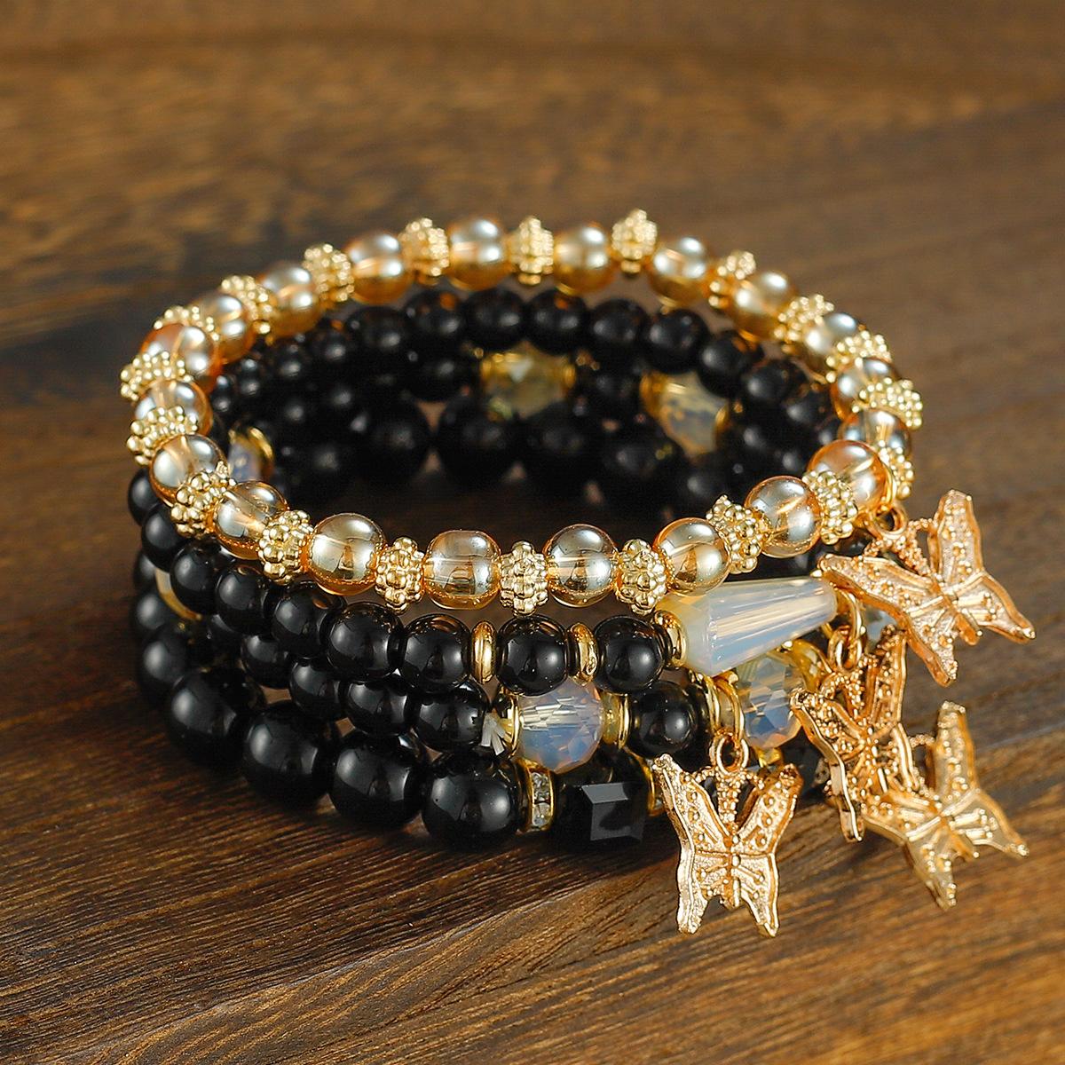 Bohemian Beaded Bracelet, Creative Elastic Rope Jewelry, Butterfly Fashion Multi-layer Crystal Bracelet чёрный