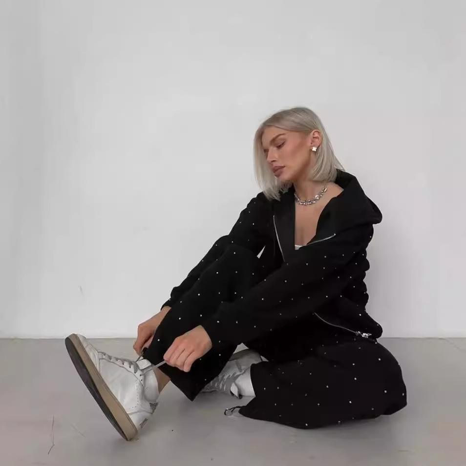 Černé Sportovní Obleky Dámské Zipová Mikina Kalhoty Set Tečkované Sety Sportovní Oblečení Neformální Outfit Tepláková Souprava