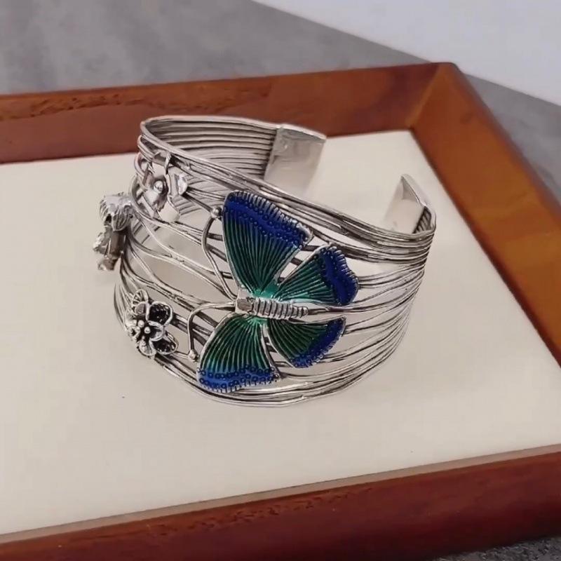Zuyin 990 Butterfly Small Flower Burnt Blue Enamel Colorful Woven Bracelet for Women's Retro Ethnic Fashion Butterfly Love Flower Silver Bracelet