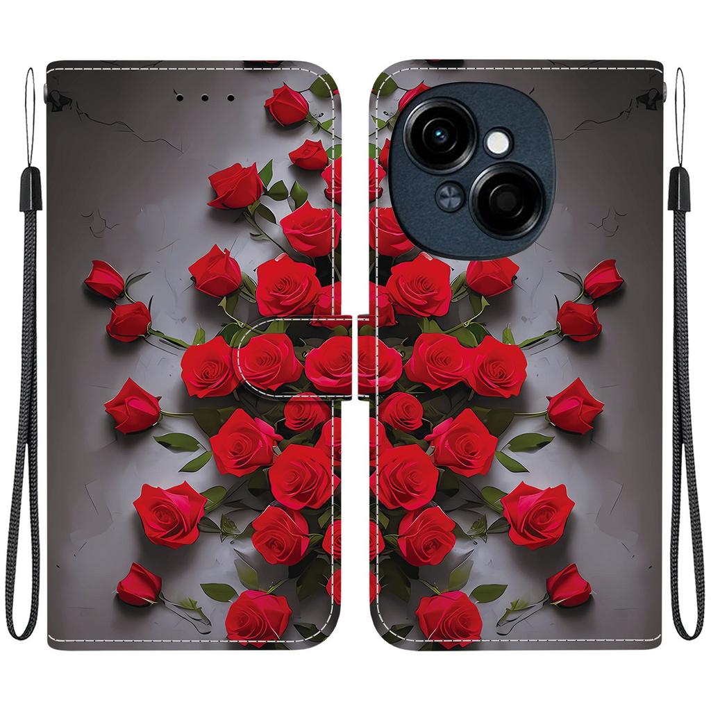 Handmade PU Leather Flip Case for Tecno Pop 9 Pro Anti-Slip Shockproof Cover with Wrist Strap & Heart/Rose Cat Designs