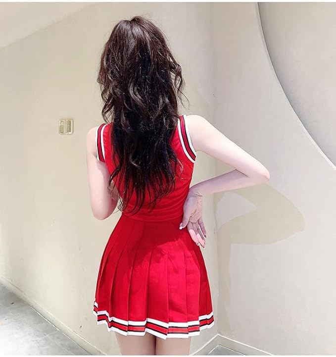 [Lady Lazy] Cheerleader Cosplay Costume Halloween Photoshoot Support Sexy Miniskirt Midriff-Baring Red (XXL)
