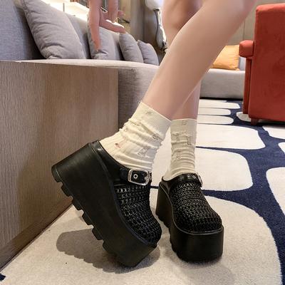 Mode Neue Damen Plateau Slip-On Sandalen Dicke Sohle 8,5CM Hohe Absätze Sommer Webleder Atmungsaktive Outdoor Walking Slipper