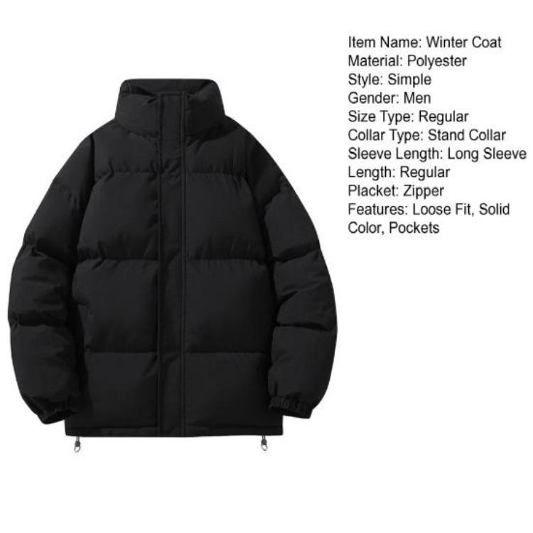 Winter Puffer Coat Men Stand Collar Long Sleeve Solid Color Outwear with Side Pockets Zipper Closure