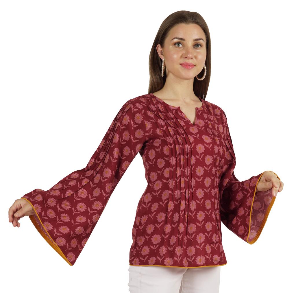 Moomaya Printed Top Full Sleeve Pleated Rayon Kurta Short Tunic Summer Blouse For