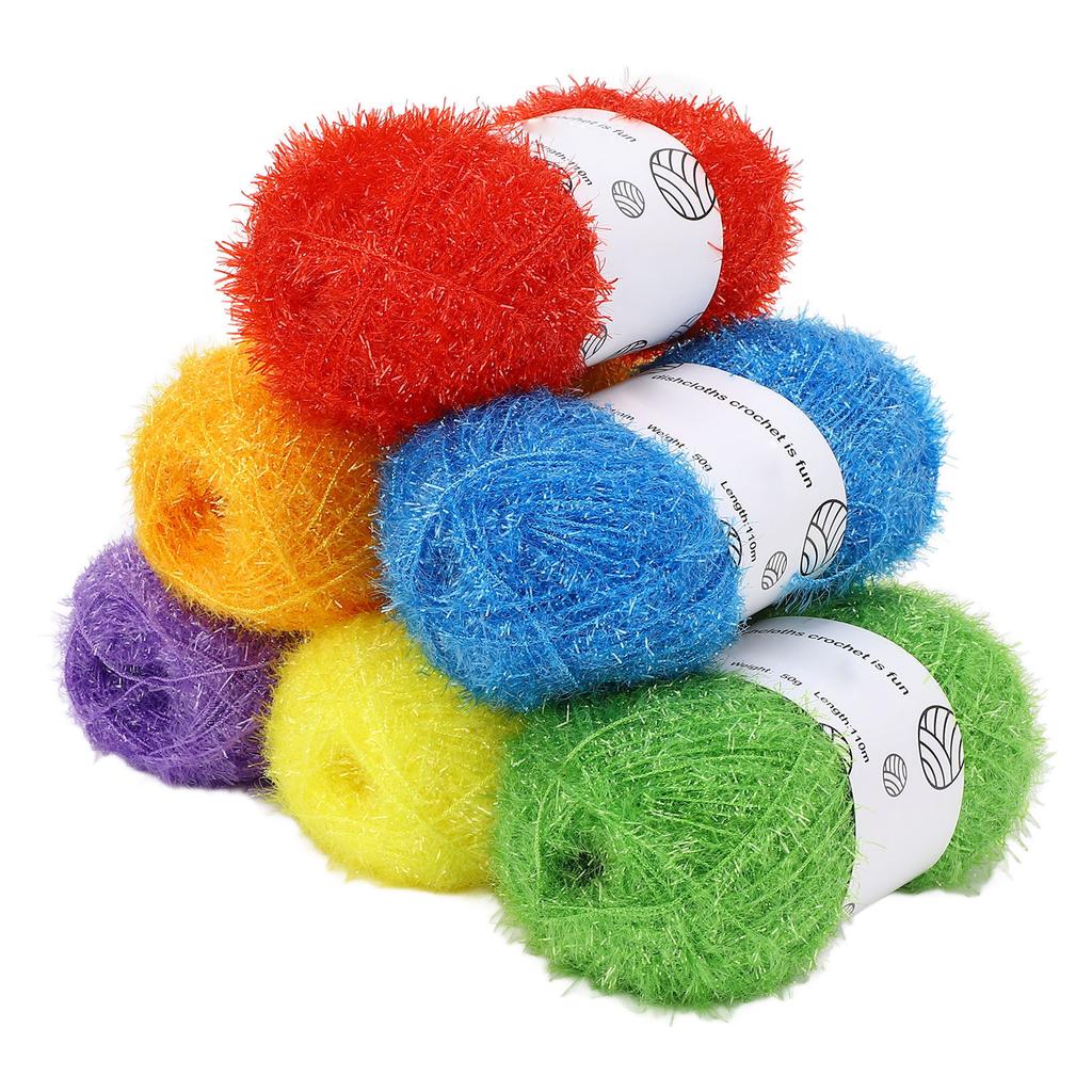 6 Pcs Shiny Yarn Multi Color Soft Cotton Glitter Sparkle Yarn with Stainless Steel Crochet Hook for Knitting Crafting