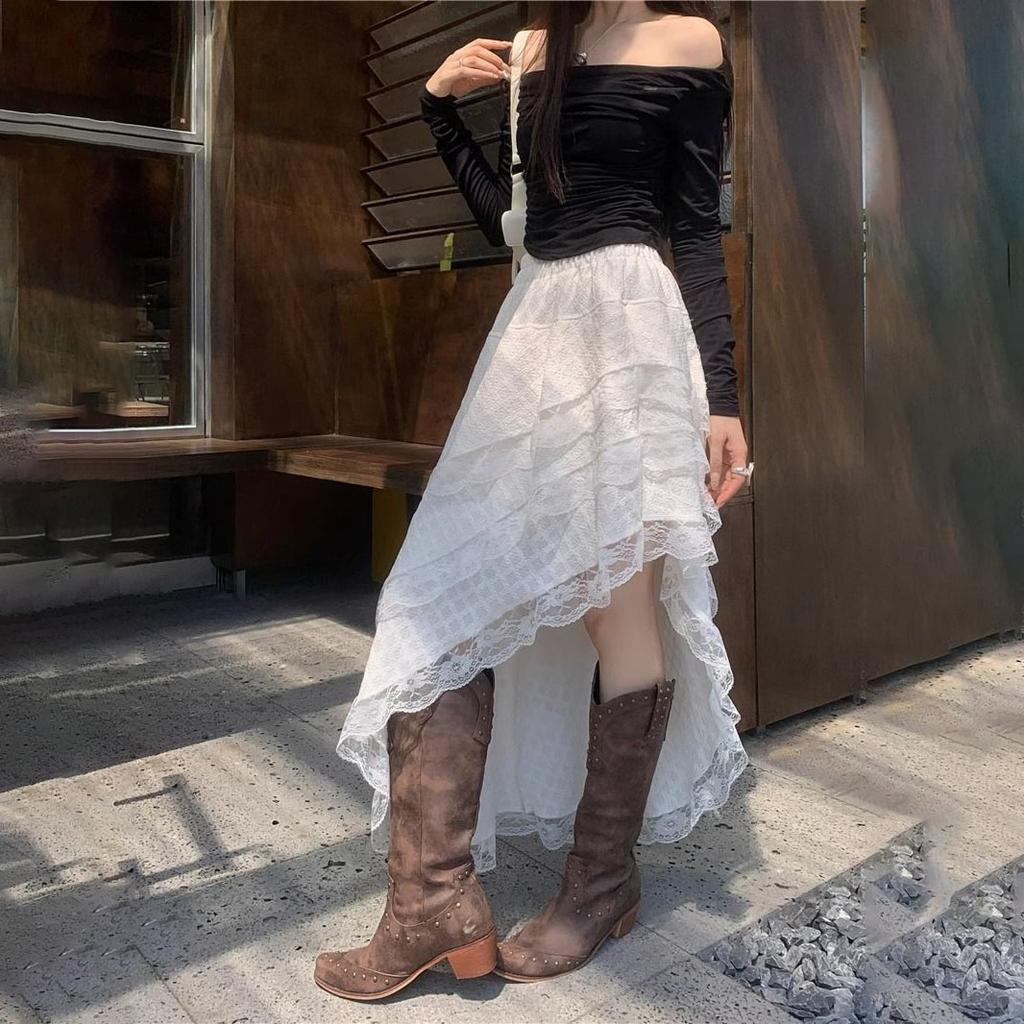 Jupe Maxi Asymétrique à Volants et Bordure en Dentelle Blanche pour Femme - Taille Élastique Taille Haute Robe d'Automne avec Détails Volantés