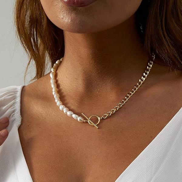 18K Gold Plated Brass Link Chain Necklace with Half Pearl Cuban Link OT Buckle Waterproof Freshwater Pearl Jewelry золотой
