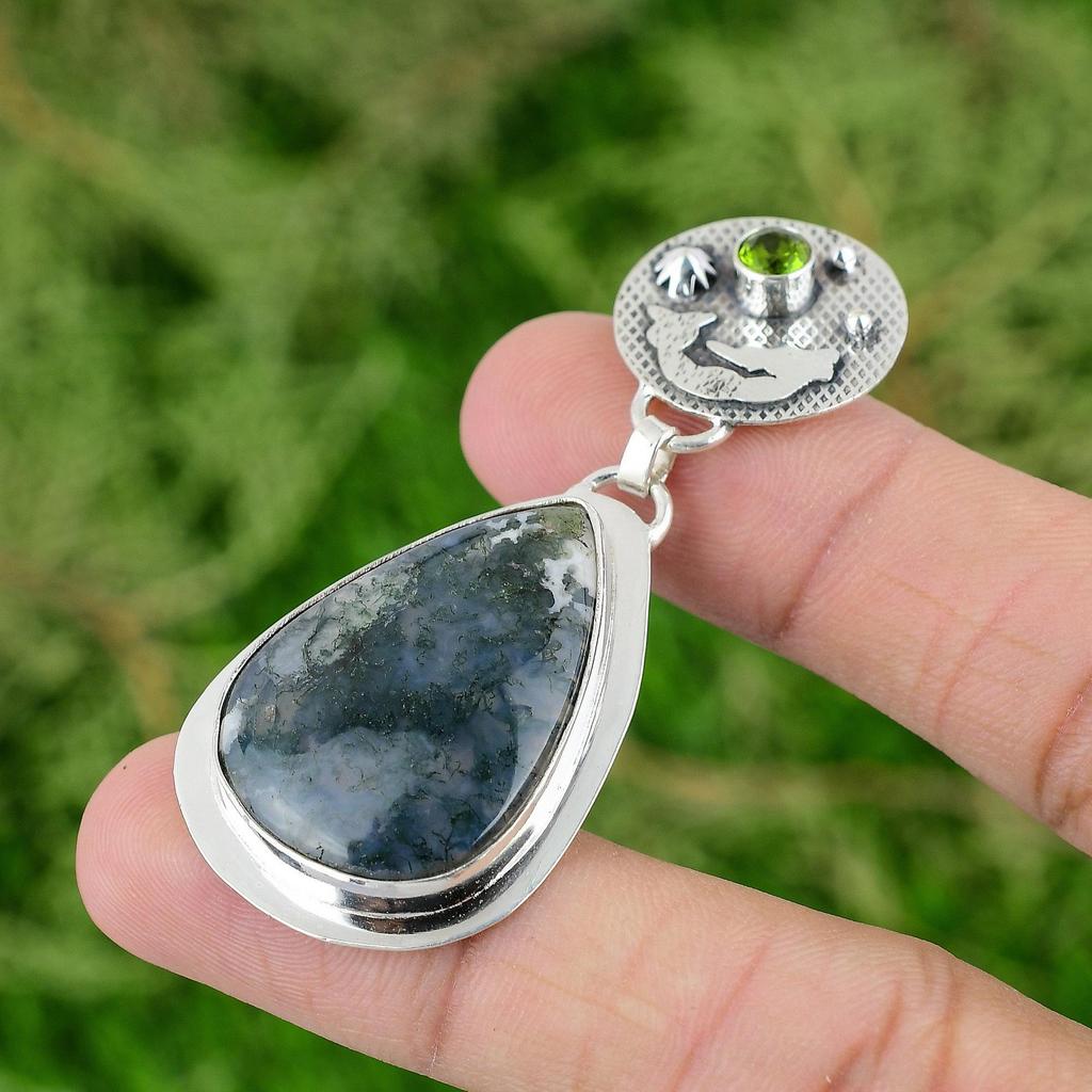 Solar Moss Agate Gemstone Peridot Sterling Silver Mermaid Sister Pendant Jewelry