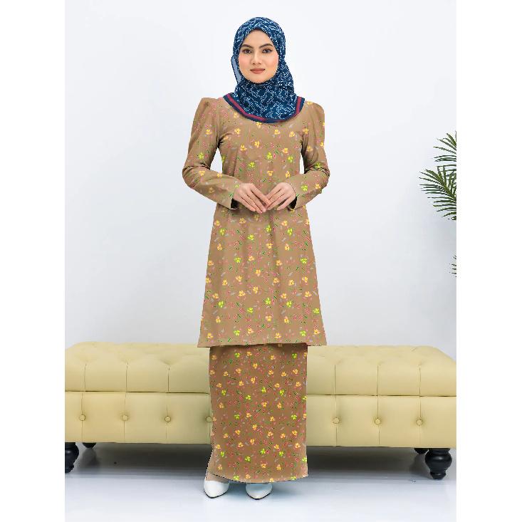 Summer new army green floral print pattern Kurung Pahang women Muslim suit comfortable and elegant women Eid wear women two piece suit
