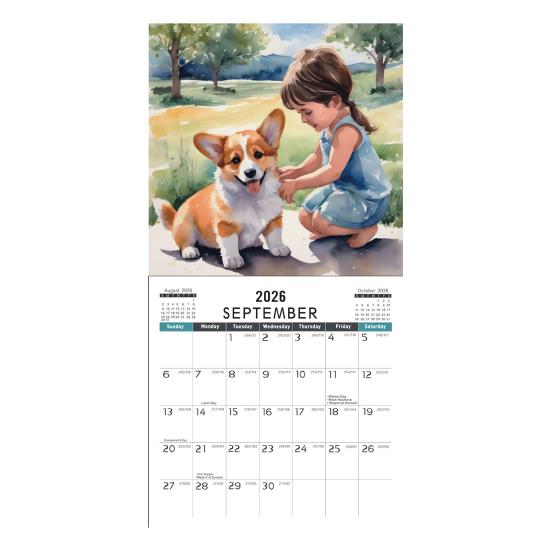 2026 Sněhový den Corgi Nástěnný kalendář 12měsíční kalendář s tématikou psa Corgi z tlustého papíru pro dekoraci domácí kanceláře, domácí dekorace, nástroj pro řízení času