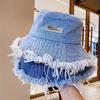 Women Stylish Raw Hem Denim Bucket Hat - Lightweight, Versatile Cotton Fedora with Fringe Trim