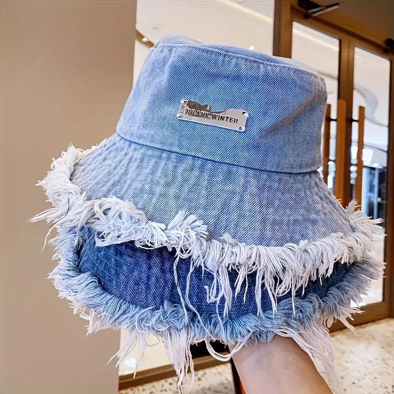 Women Stylish Raw Hem Denim Bucket Hat - Lightweight, Versatile Cotton Fedora with Fringe Trim