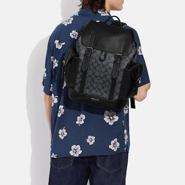 New COACH Hudson Natural Pebbled Leather With Canvas Backpack Large Size Men's Black Yellow CB839-QBMI5
