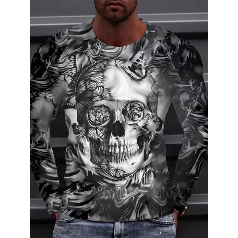 Autumn Round Neck 3D Skull Pattern Printed Top Fashionable Casual Long Sleeved Men's T-shirts