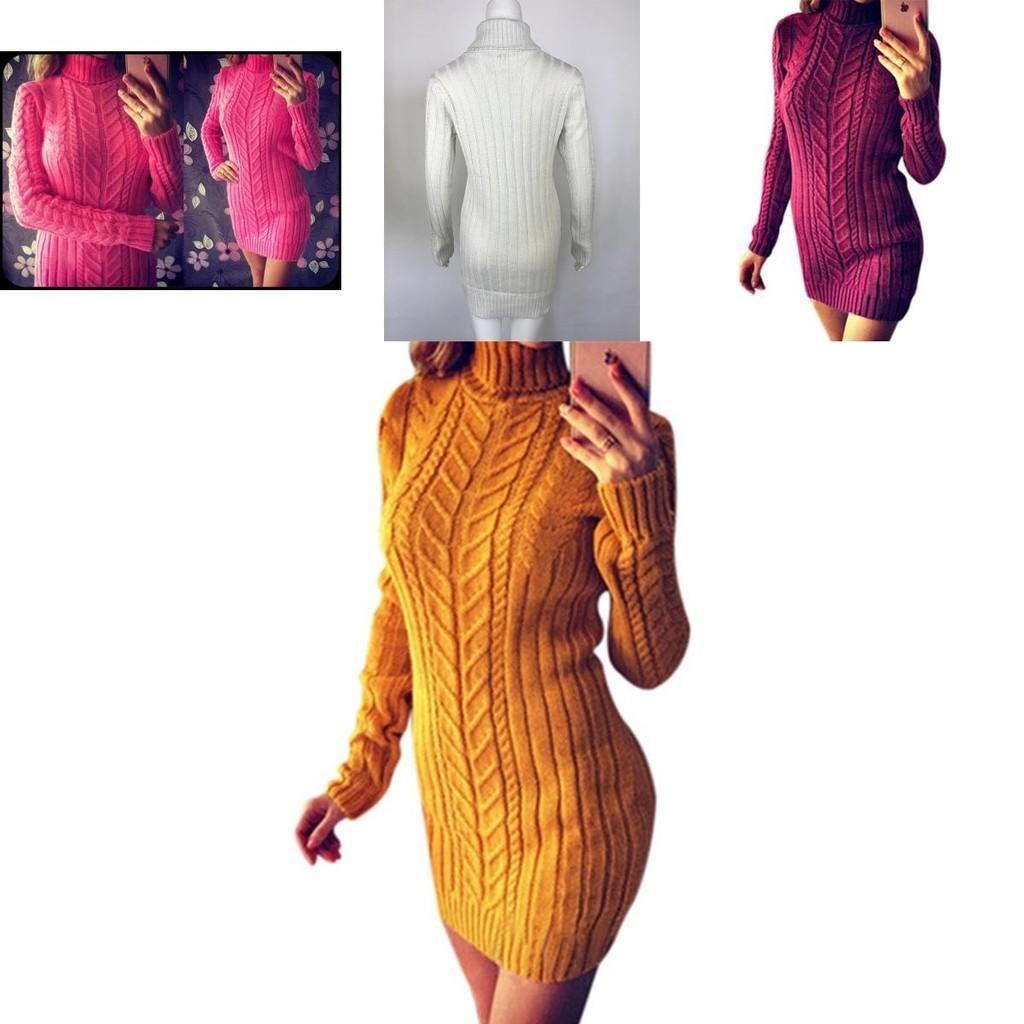 Vestito Sexy Autunnale e Invernale in Maglia Vestibilità Aderente e Collo Alto Design a Treccia