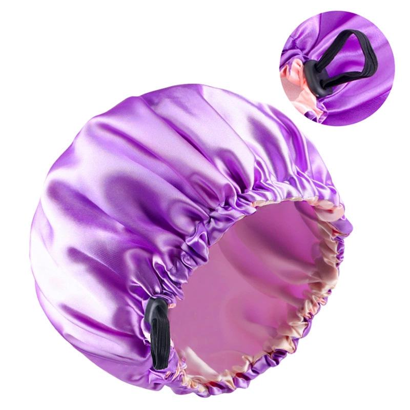 1pc Double Layer Adjustable Satin Bonnet Solid Color Elastic Button for Women Hair Hat Nightcap Silky Satin Fabric