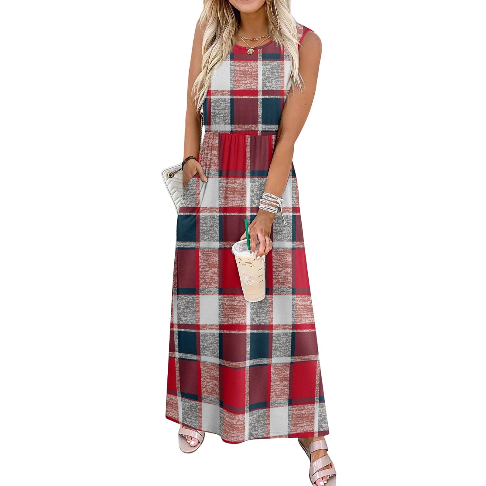 

Ladies plaid printed casual and fashionable waist cinched sleeveless dress M червоний