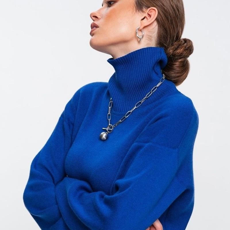 Mujer Otoño Invierno suelto cuello alto manga larga Color sólido suéter Chic tejido Tops