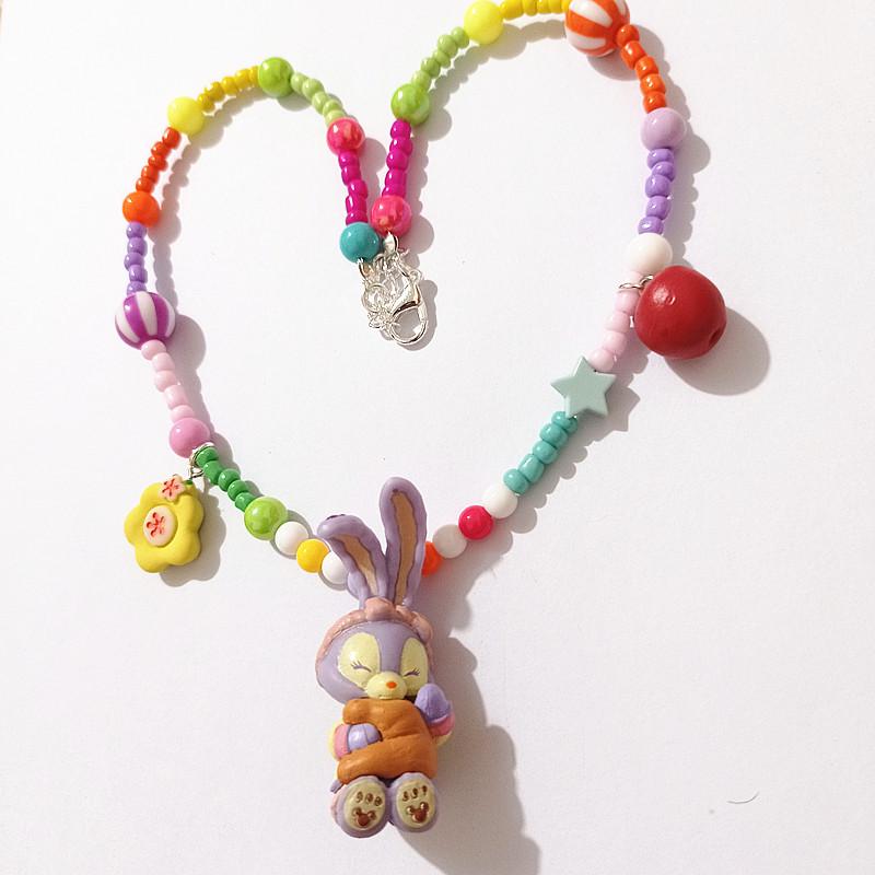 Colorful Cartoon Beaded Choker Necklace for Children Featuring Duffy Bear, ShellieMay, and StellaLou with Painter Hat.