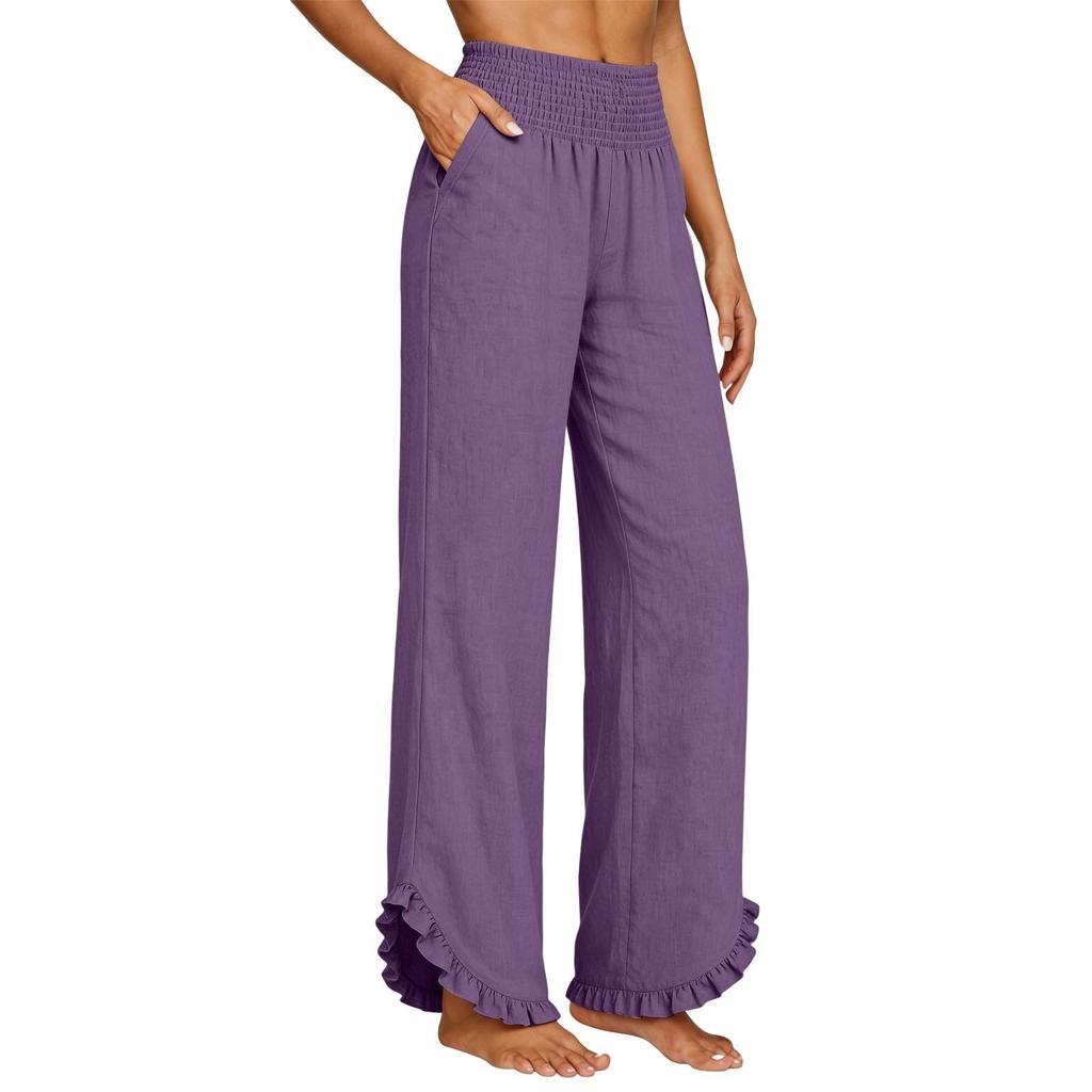 Damen Elastische Hose mit Hohem Bund Lässige Passform Weites Bein Lange Hose Hose mit Taschen