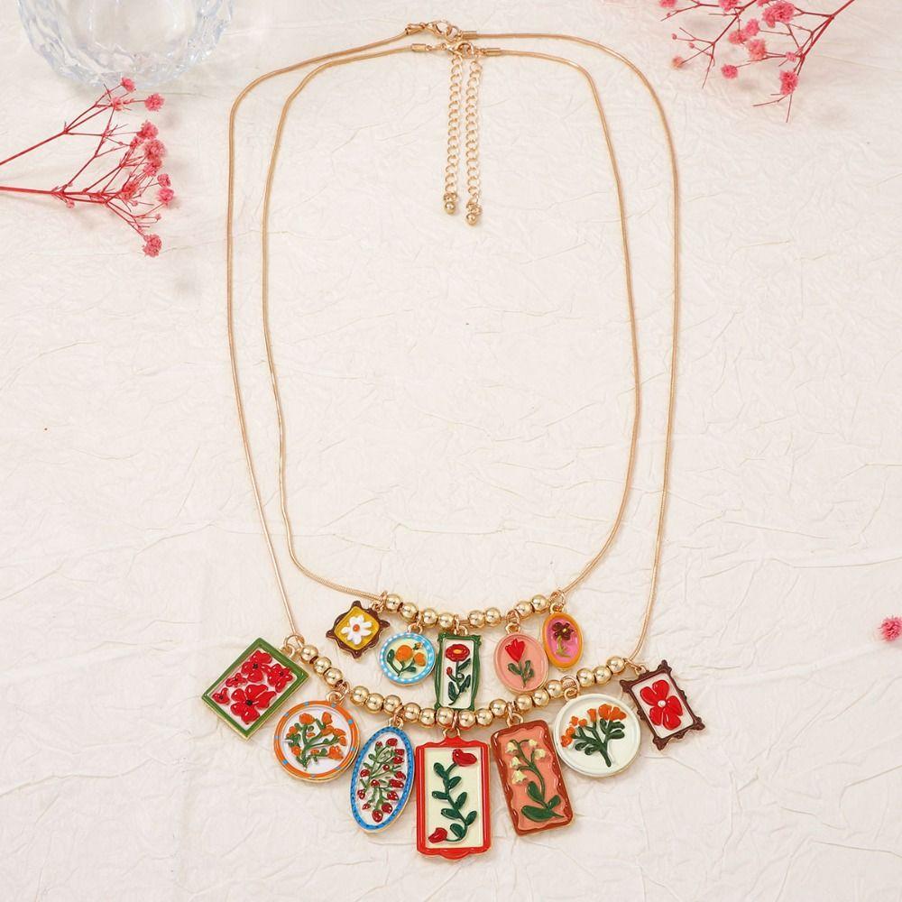 Metal Chain Enamel Floral Necklace Layered Charm Flower Pendant Necklace Ethnic Style Exaggerated Beads Clavicle Chain Gift
