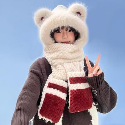 Yousheng 3 In 1 Hat Scarf Gloves Set Bear Ear Decor Thickened Plush Winter Hat Matching Scarf Gloves Function Cold Weather Outfit