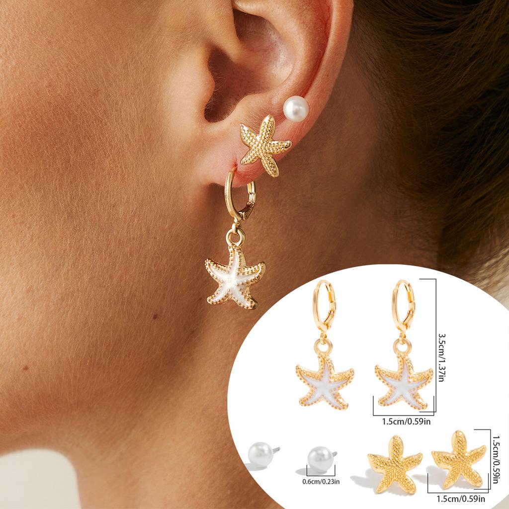 Holiday Style Flower Starfish Stud Earrings Set, Sweet And Cool Exquisite Small Bow C-Shaped Earrings.