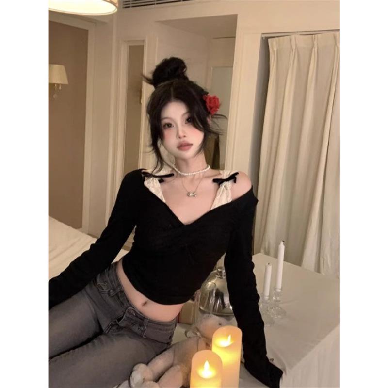 

Women s Off-Shoulder Lace-Base Long-Sleeve T-Shirt - Black, Sexy, Autumn Style M чорний