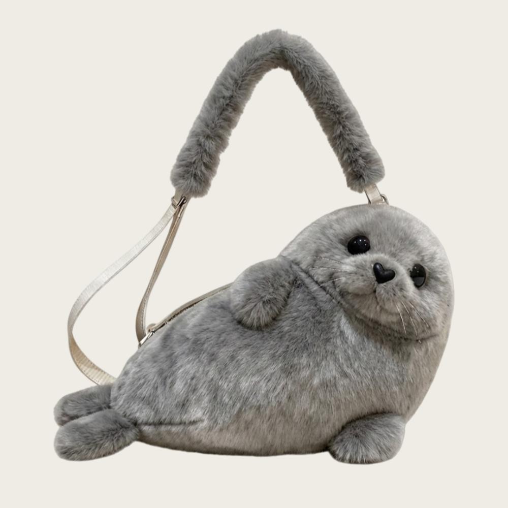 Market-4 Zachte Pluizige Leuke Zeehond Schoudertas Cartoon Lichtgewicht Telefoon Tas Verstelbare Bandjes Pluche Stof Crossbody Tas