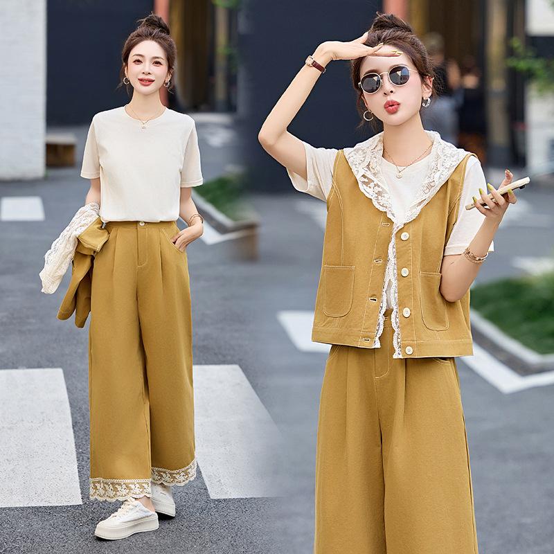 

Летний джинсовый костюм-жилет женский повседневный с кружевной отделкой, прямые джинсы, комплект из трех предметов XXL имбирный