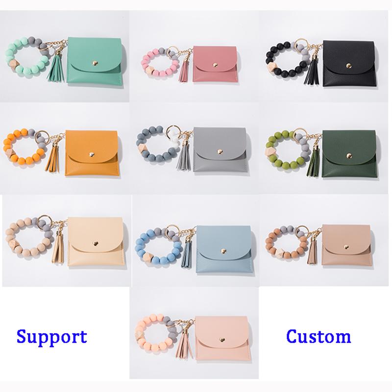 Food Grade Keychain Bracelet Silicone Wallet With Wood Bead and Wallet Women's Key Chain Bangle With Tassel and Purse