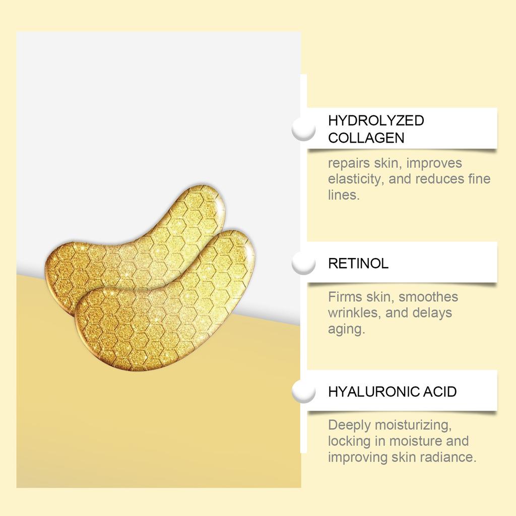 Augenklappen aus 24 Karat Gold, lindern feine Linien und Tränensäcke, entfernen Schwellungen und dunkle Augenringe, spenden Feuchtigkeit und nähren die Retinol-Kollagen-Lifting-Maske