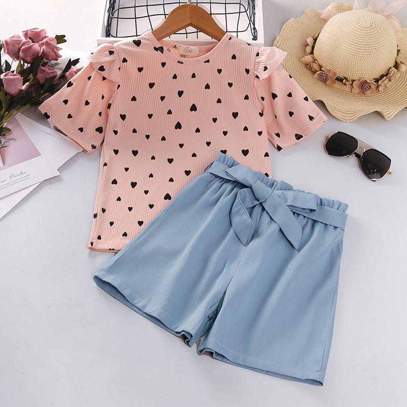 

Костюм для девочки, летняя детская одежда, новый детский комплект из двух предметов с принтом «Любовь» для детей 7-12 лет, короткий рукав + шорты 150cm розовый