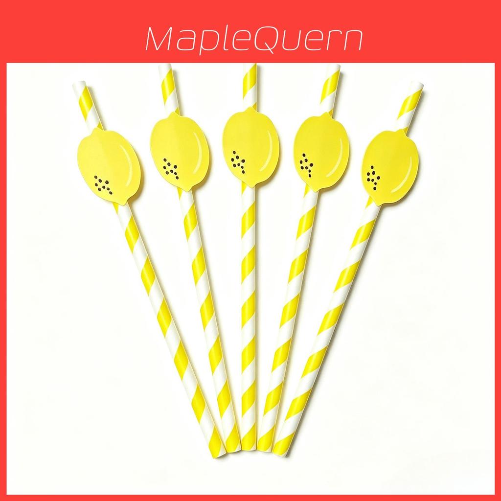 Degradable Paper Straws For Parties With Lemon Pattern For Cake Drinks And Cocktails