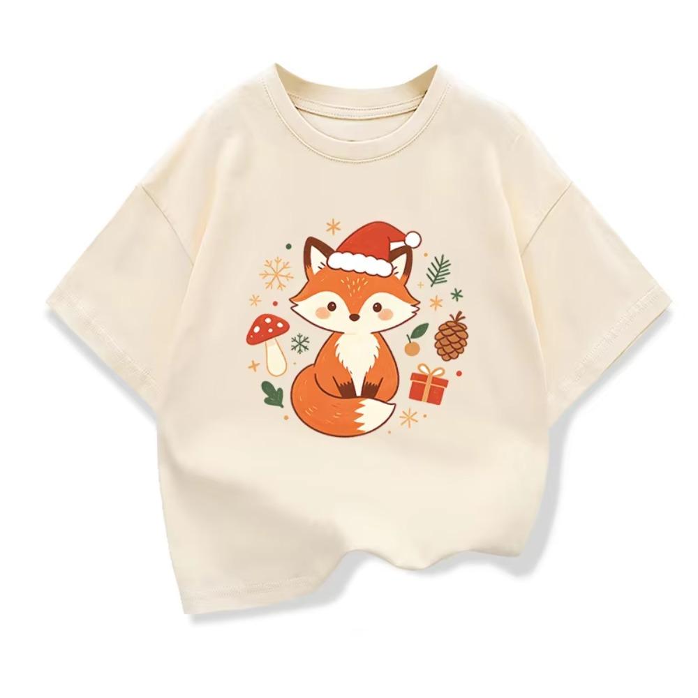 New Cute Cartoon Fox Printed Christmas Children's Gift T-shirt Summer Children's Short Sleeve Printed T-shirt Kids Tops Clothes