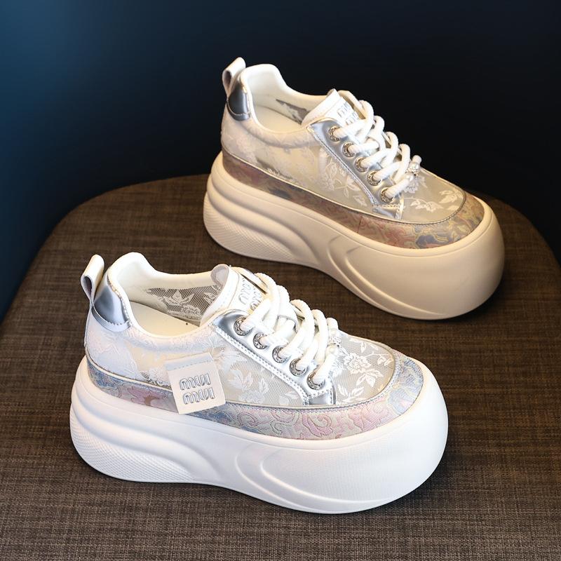 

HZ897-2 толстая подошва, внутренняя платформа, шнуровка, сетчатая поверхность, дышащие и универсальные маленькие белые туфли, женская новая летняя повседневная обувь 39 серебряный