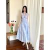 Women's Summer Blue Sleeveless Unique and Beautiful Waist Pinch Dress Summer Temperament Lace Splicing Hollow Dress