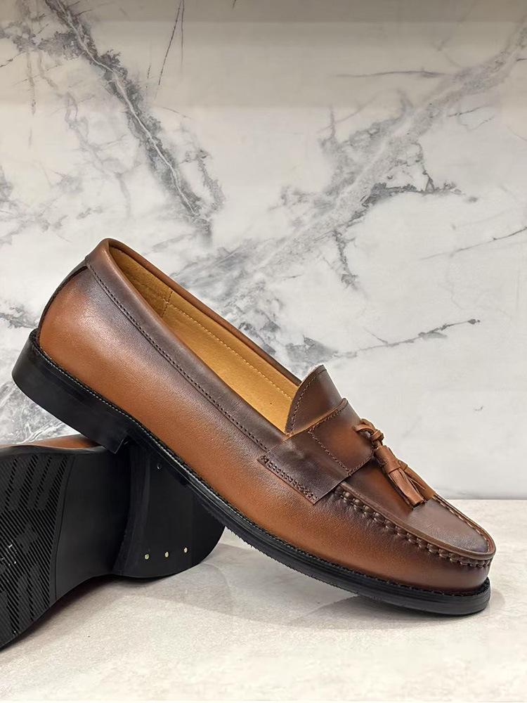 Men s British-Style Genuine Leather Tassel Loafers - Casual/Formal Low-Cut Slip-On Shoes 38