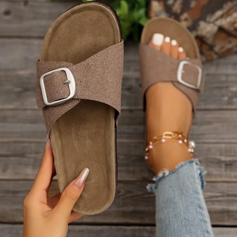 Fashion Ladies Shoes 2024 Hot Sale Slingbacks Women's Slippers Summer Open Toe Rome Buckle Solid Flat Casual Beach Large Size Slippers