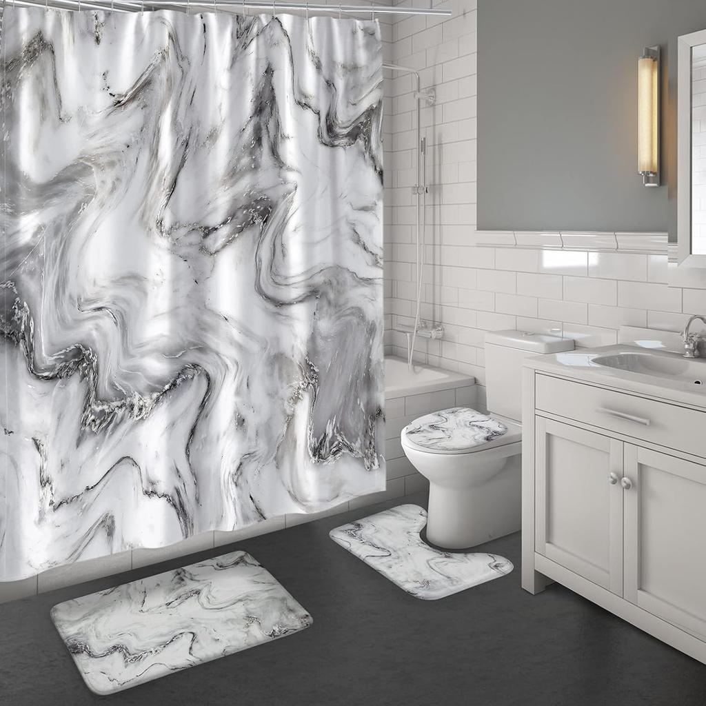 Marble Bathroom Sets With Shower Curtain And Rugs And Accessories, Abstract Grey Gold White, Modern, Gray Bathroom Decor Set