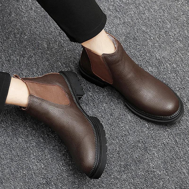 Chelsea Boots Men outdoor Handmade Business Black Red Slip on Flock genuine leather Boots Sapato Masculino plush Men snow Boots