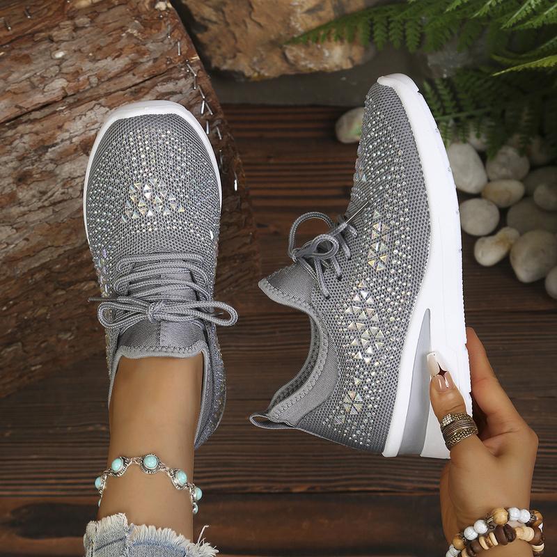 Ladies Four-Season Mesh Platform Shoes Bling Triangle Rhinestone Soft Rubber Sole Casual Daily Sneakers