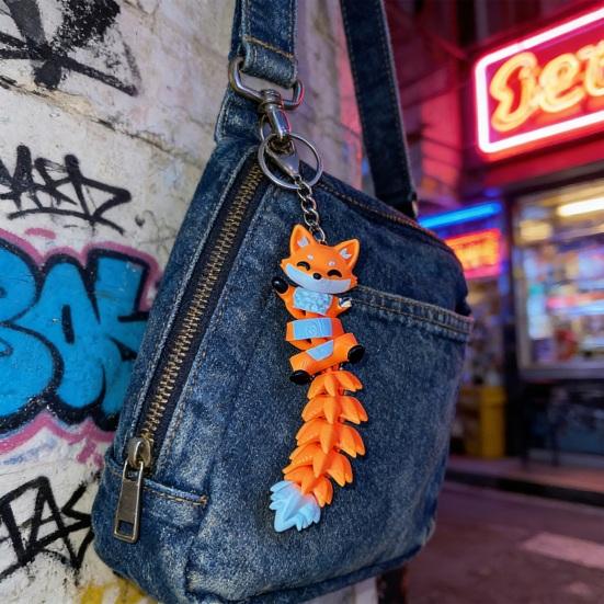 Keychain Cartoon Cat Fox Design with Metal Ring Keychain Pendant 3D Printed Movable Joints Flexible Body