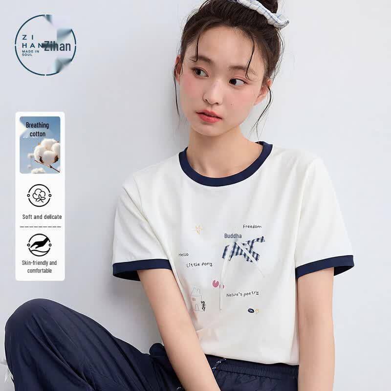 ZIHAN Women's Cotton Feel Cartoon Print Short Sleeve T-Shirt