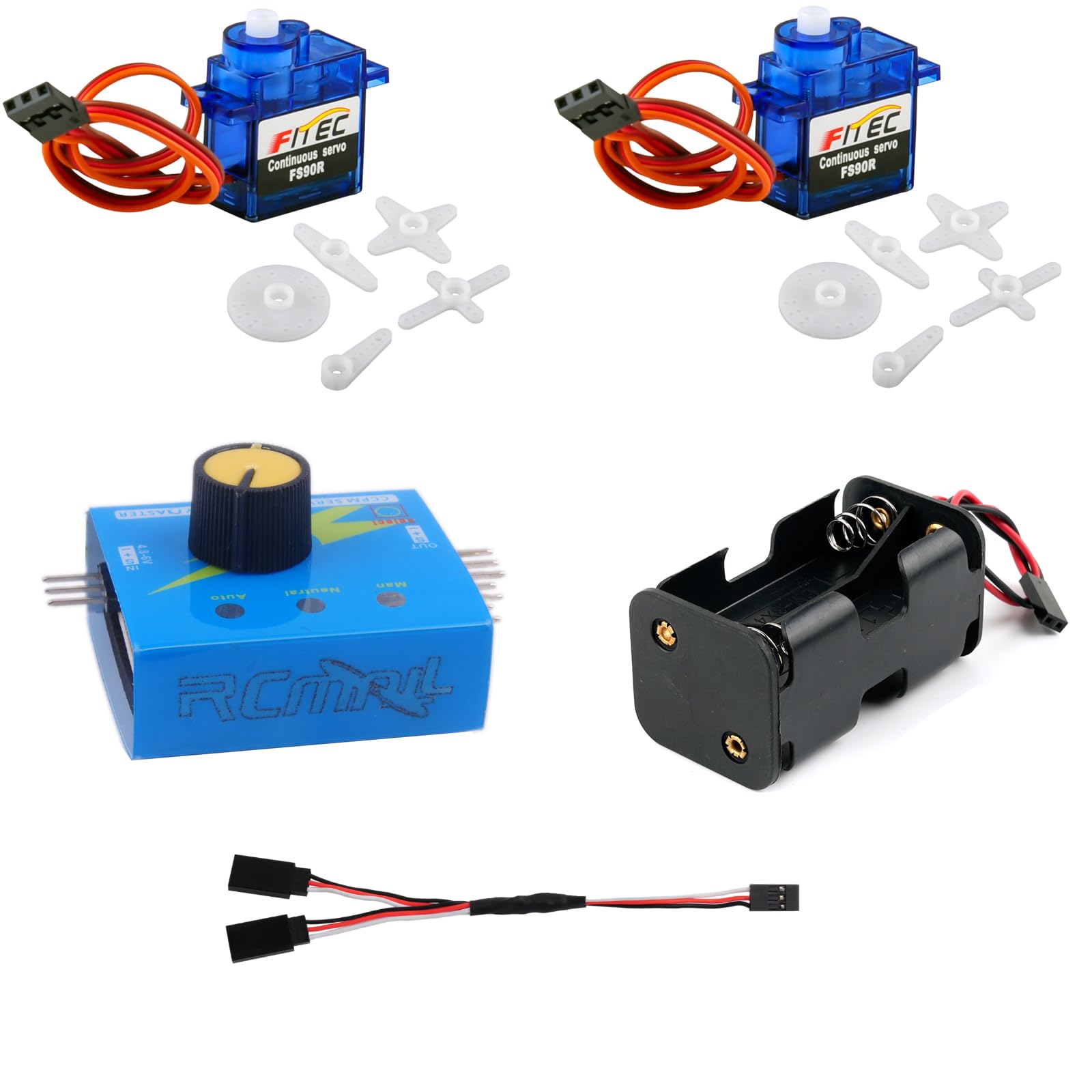 

RCmall Servo Motor Tester 2x SG90 9g 180 Degree Micro RC Micro Servo 4x AA Battery Holder with JR 15cm Servo Extension Cable for Rc Funs Kit, Servos,