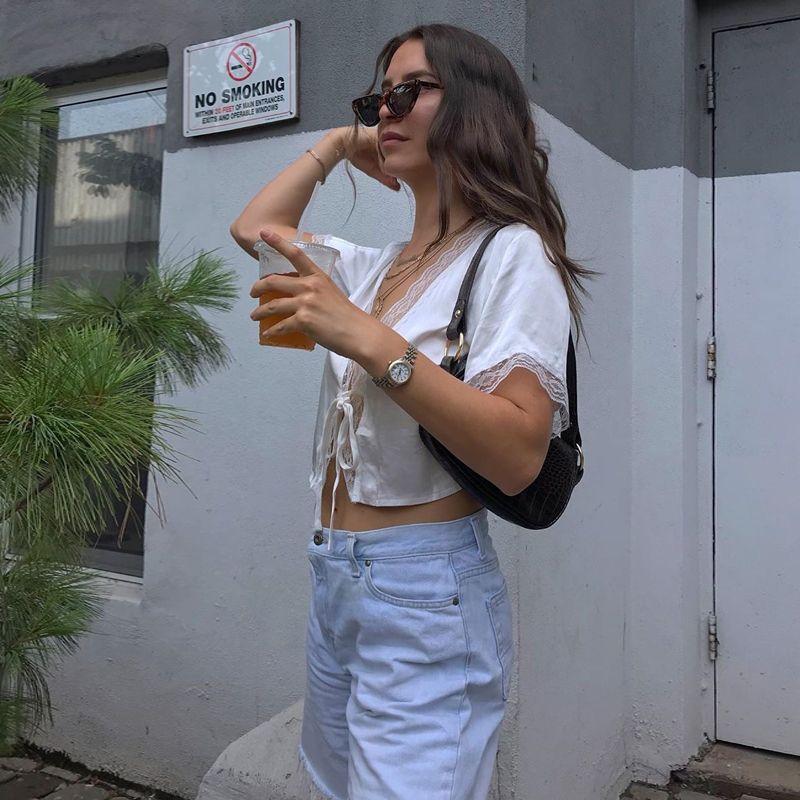 Small Lace Flounce Trim Lace up Sweet Younger Short Sleeve White High Quality Acetate Shirt Stylish Short Top