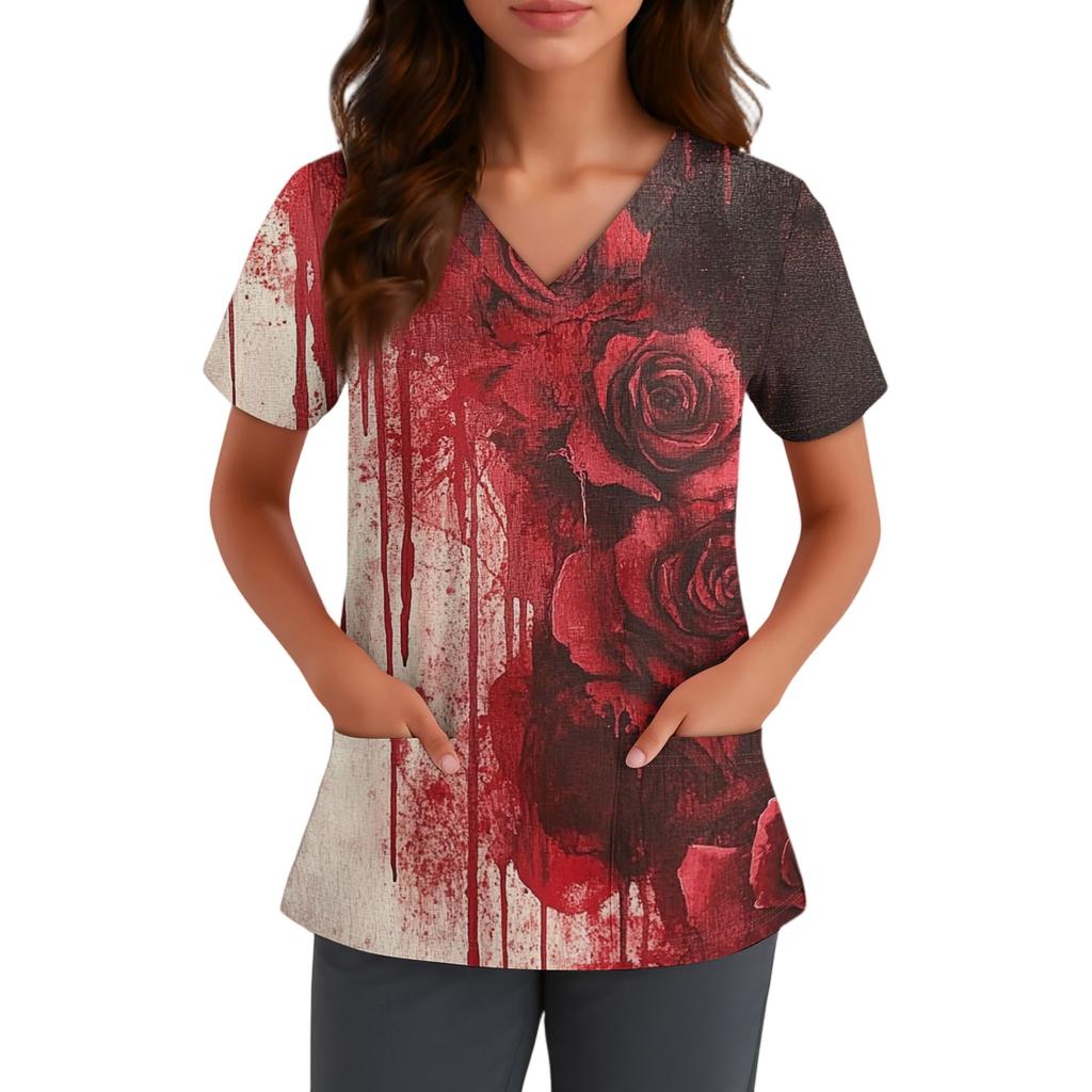 Women V Neck Short Sleeve Work Top with Pocket Halloween Print Scrub Shirt for Healthcare and Service Professionals